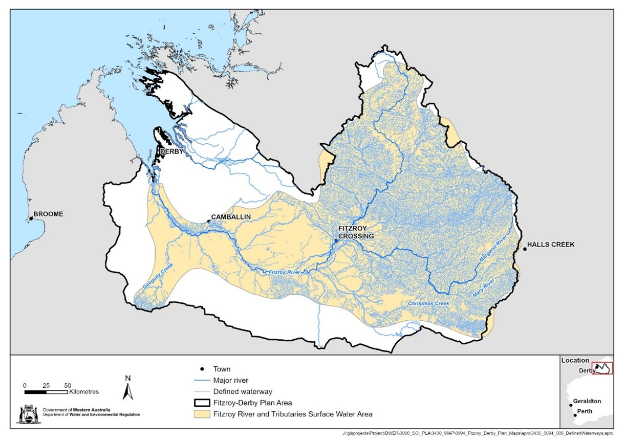 Map of defined waterways in the Fitzroy-Derby plan area showing rivers and tributaries where the ‘no dams’ policy applies.