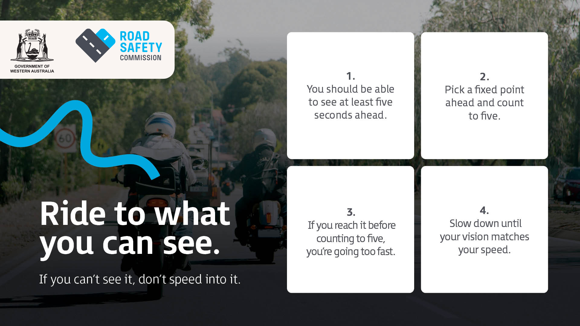 A group of motorcyclists riding safely together down a tree lined highway