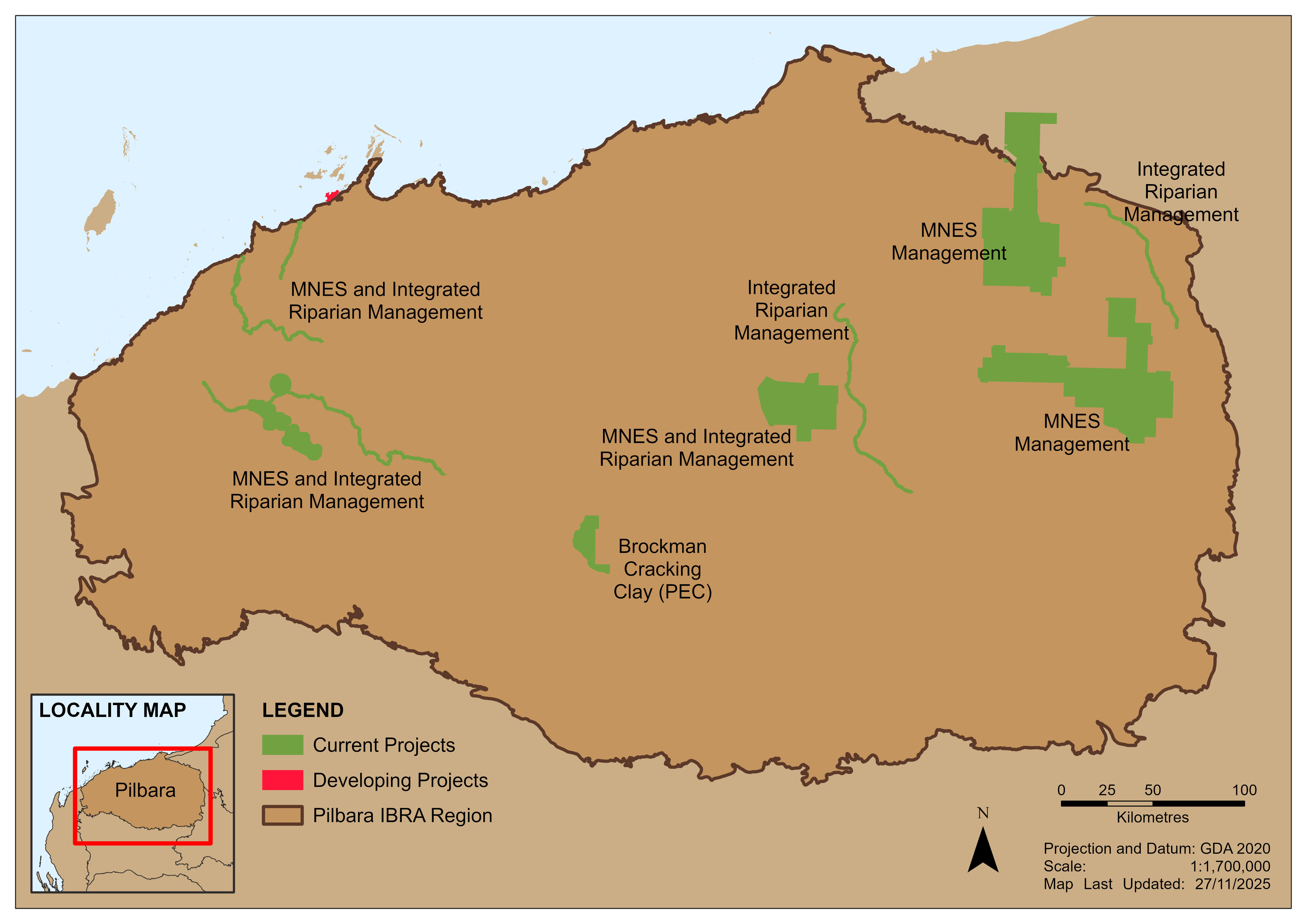 Map of the Pilbara region showing locations of current and developing environmental offset projects, including riparian and MNES management areas.