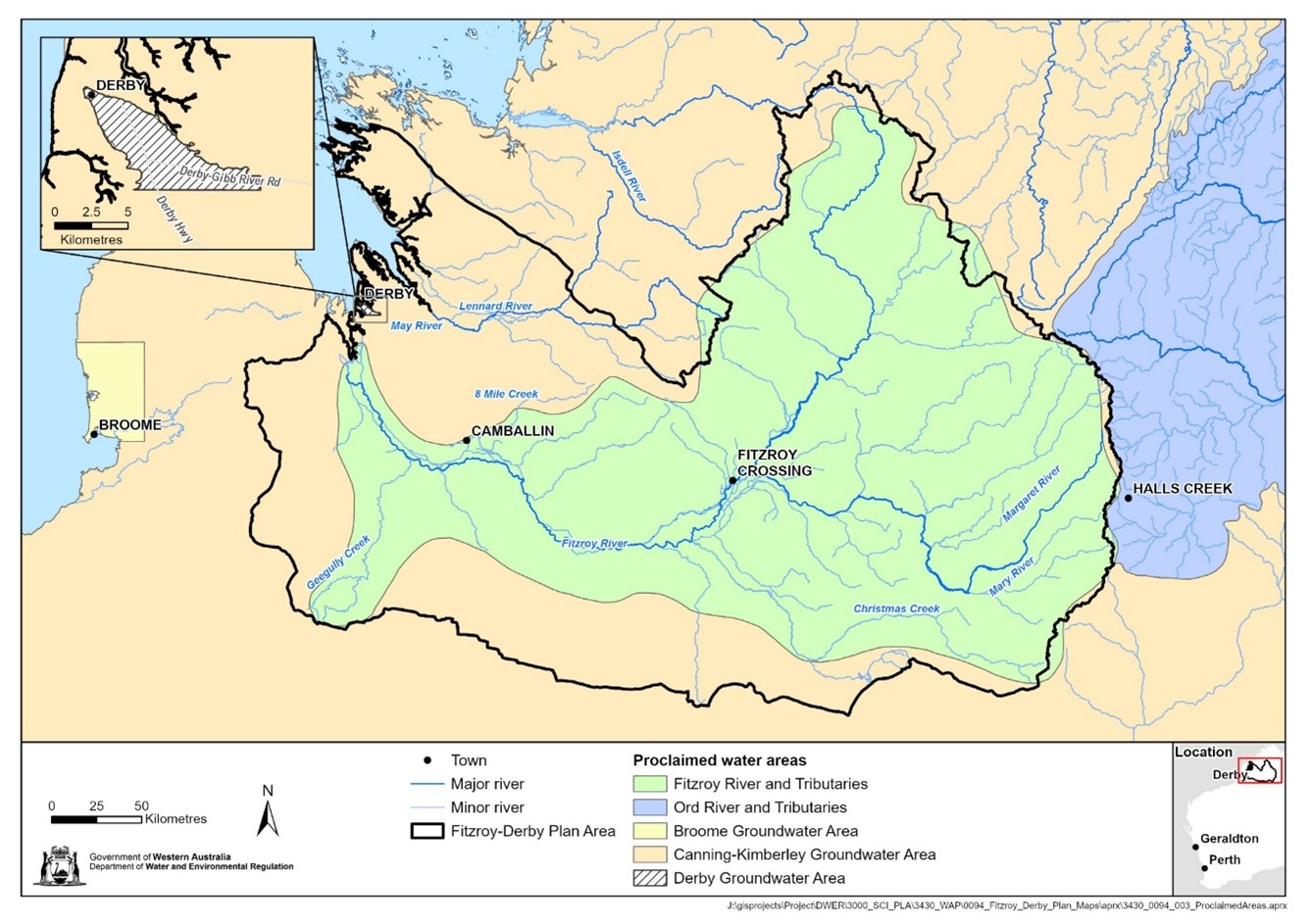 Under water legislation, the entire Fitzroy-Derby plan area is proclaimed for groundwater and mostly for surface water. This means water licensing applies in these areas.