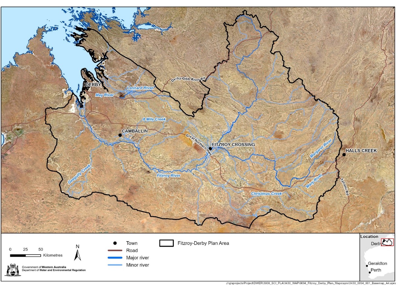 The Fitzroy-Derby plan area covers about 107,000 square kilometres (including the coastal mudflats) in the Kimberley region of Western Australia. It includes the entire Fitzroy River catchment, the Derby Peninsula, and extends north to include the extent of the unconfined Grant Poole aquifer, Devonian Reef aquifer and some fractured rock systems.