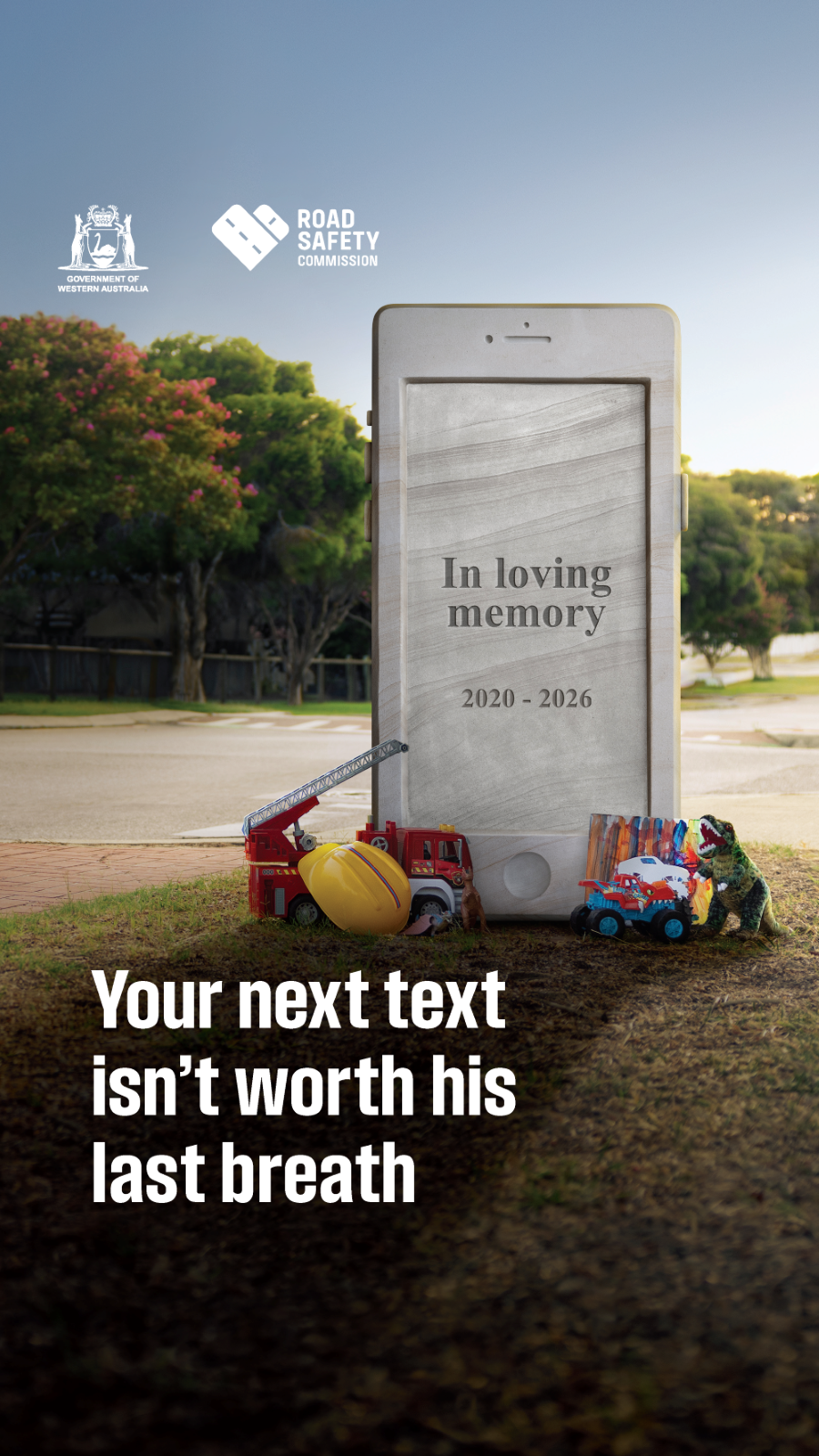 headstone phone on side of road with text, 'your next text isn't worth his last breath'