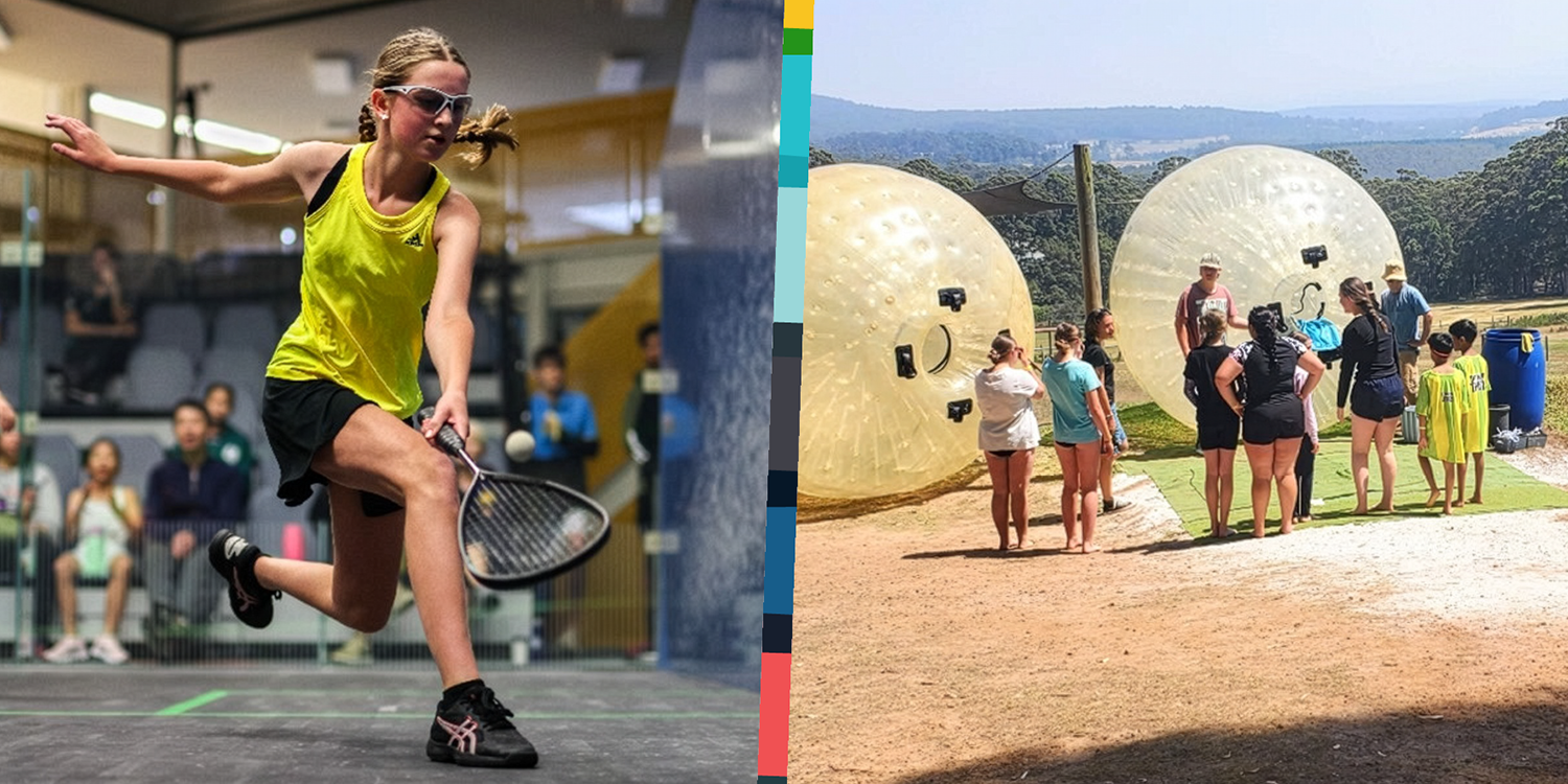 A girl playing a racket sport, and a group of young people doing an outdoor activity