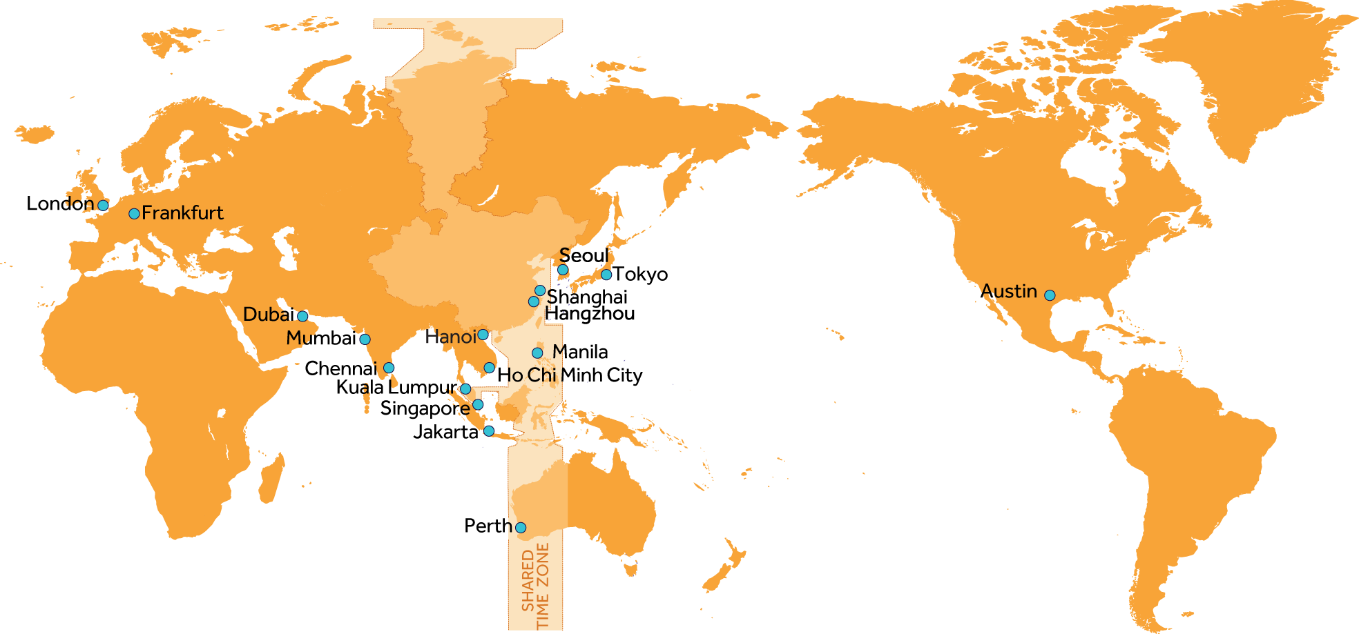 World map of Invest and Trade's Western Australia international offices 
