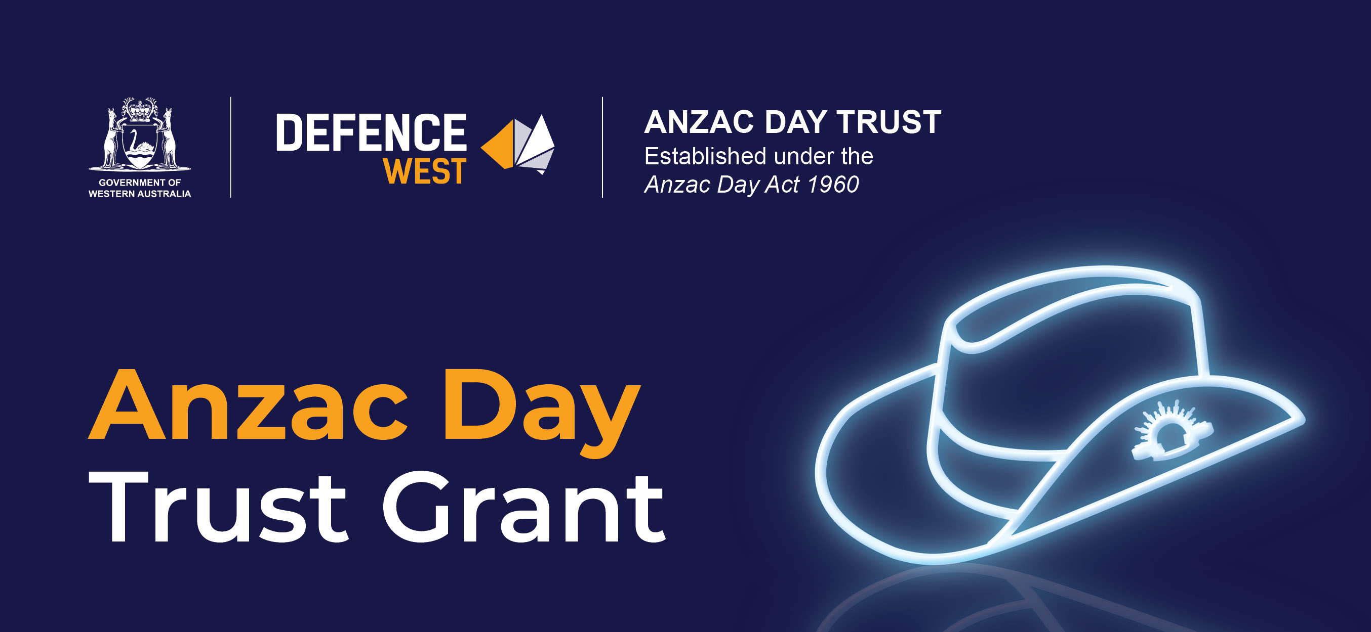 text reads Anzac Day Trust Grant. State Gov and Defence West logos above it and an army-style hat 