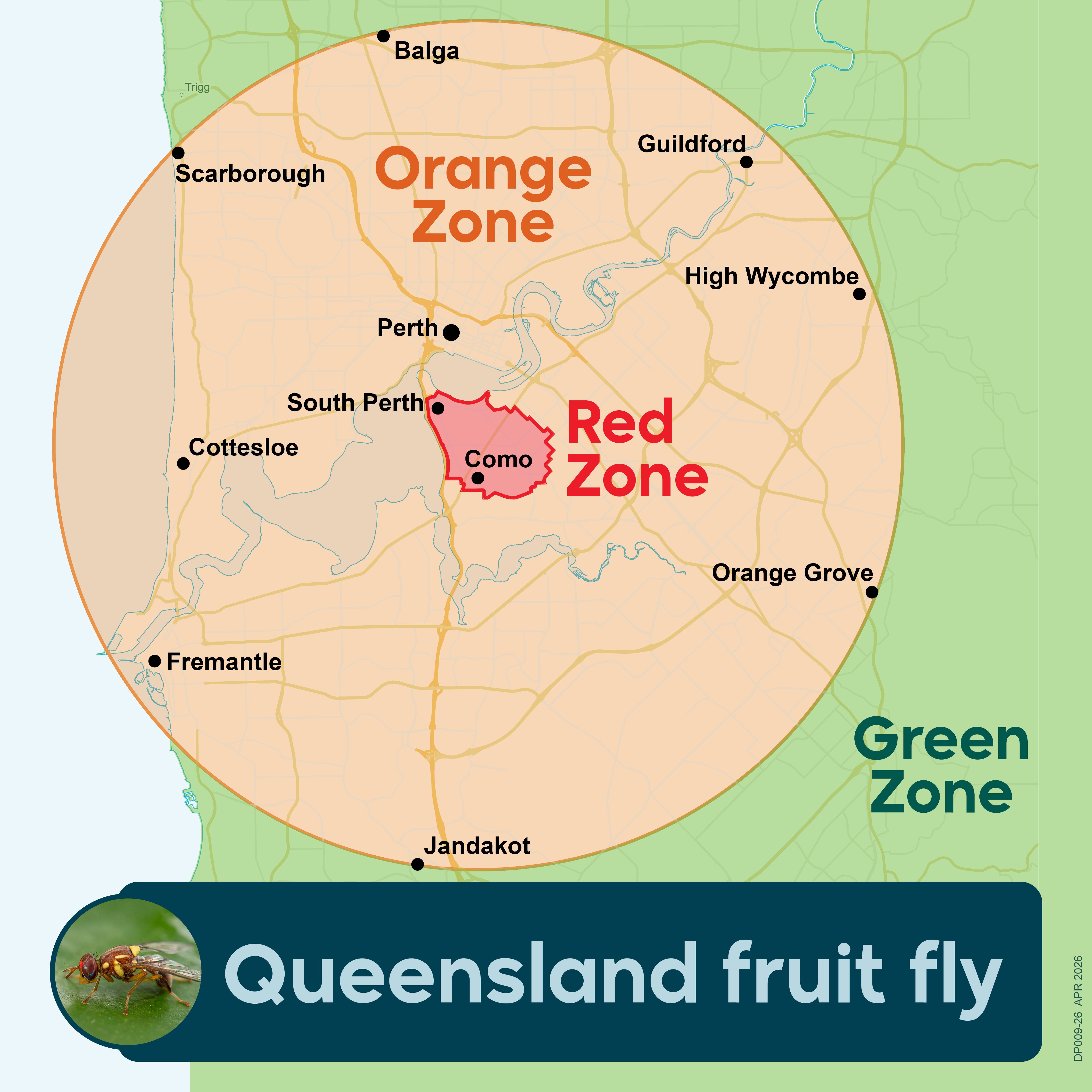A map showing the Qfly Quarantine Area red zone, orange zone and green zone. 