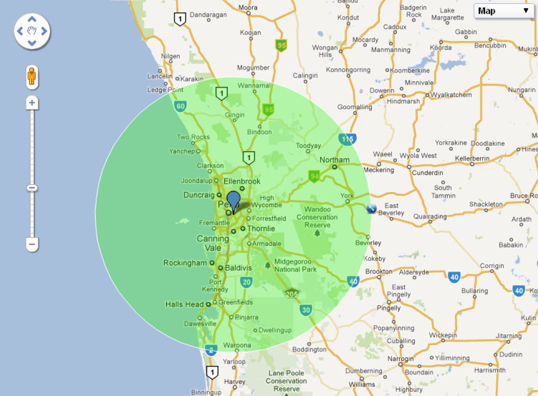 map showing 100km radius of Crown Perth