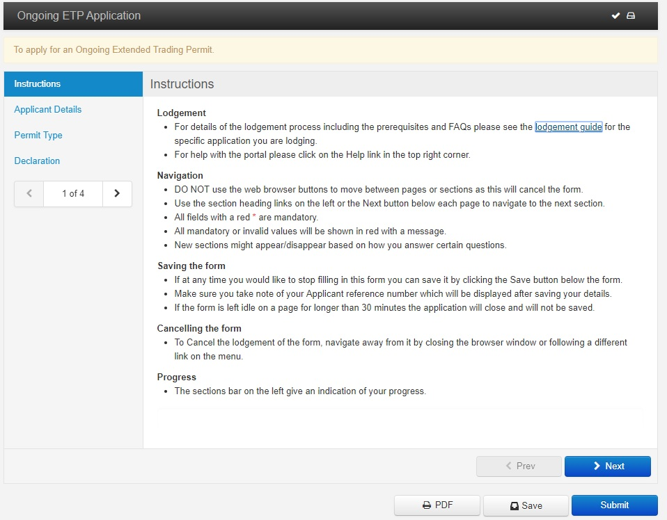 Step 3 - Extended trading permit online lodgement