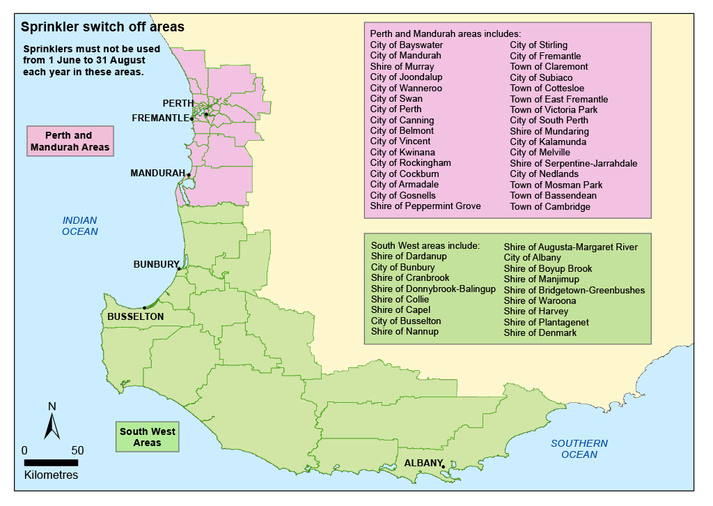 Sprinkler switch off areas in the South west of Western Australia