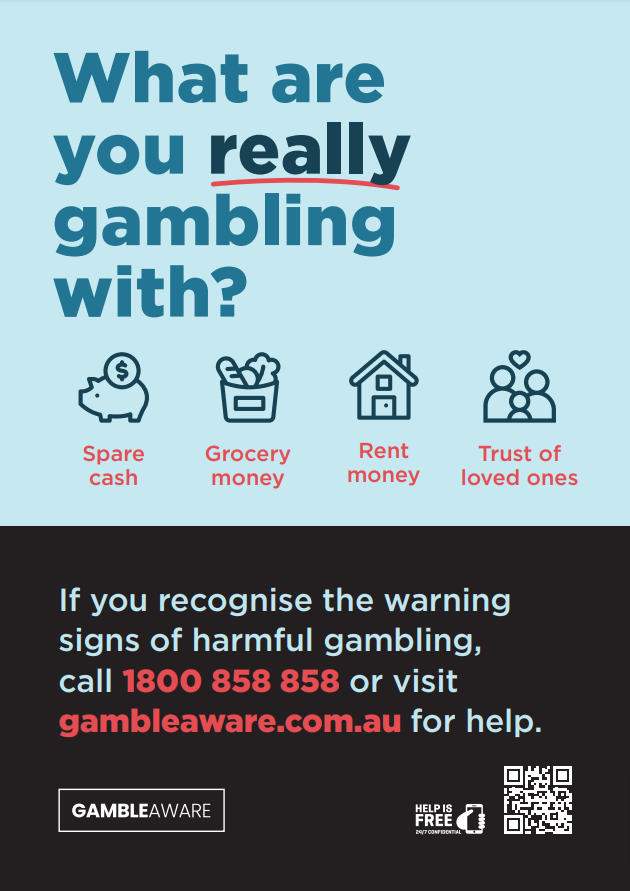 A Gamble Aware poster suggesting you are really gambling with spare cash, grocery money, rent money or the trust of loved ones.