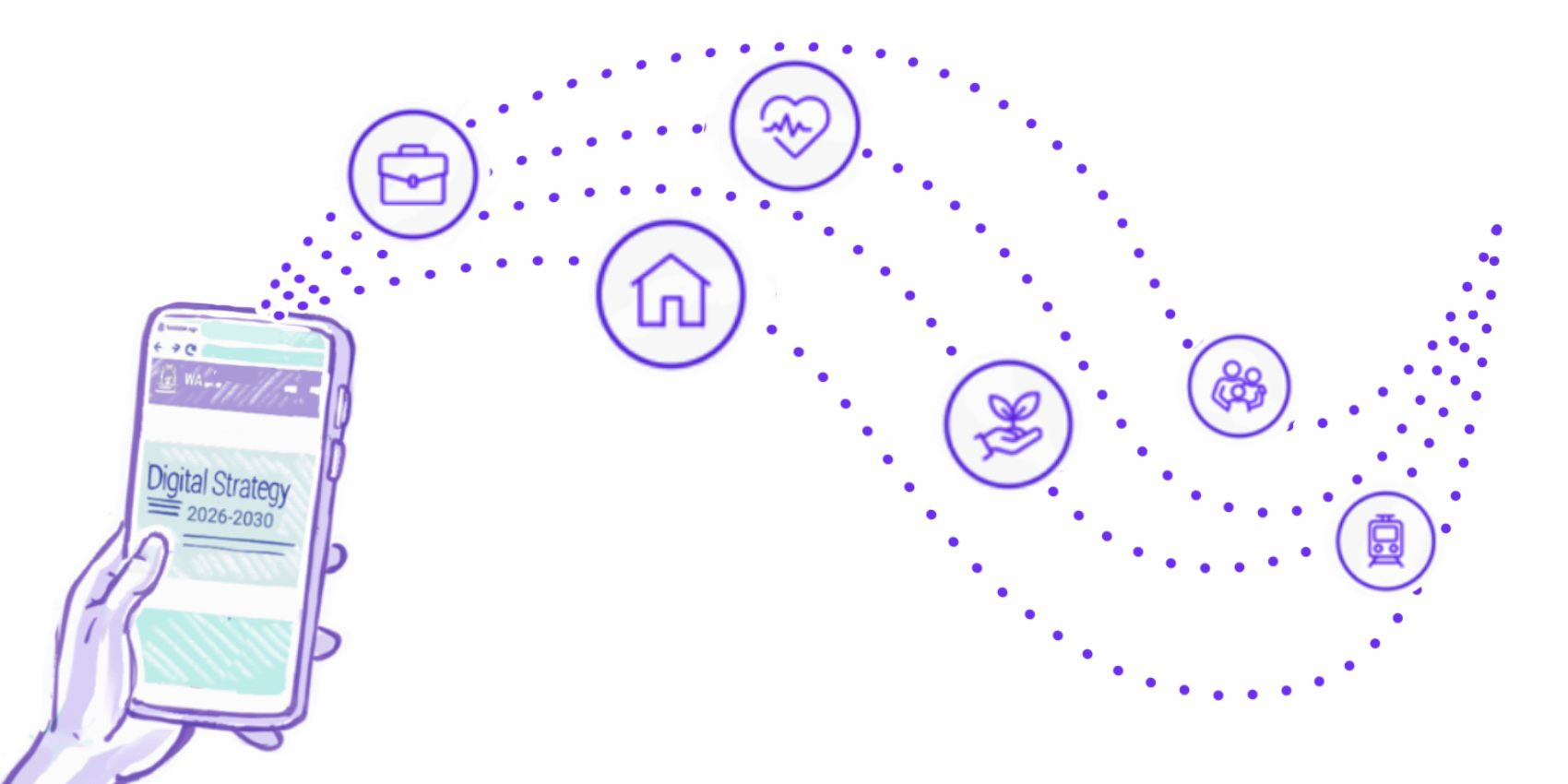 illustration of someone holding a phone. On the phone screen is the Digital Strategy home page. Out of the phone there are different icons flowing
