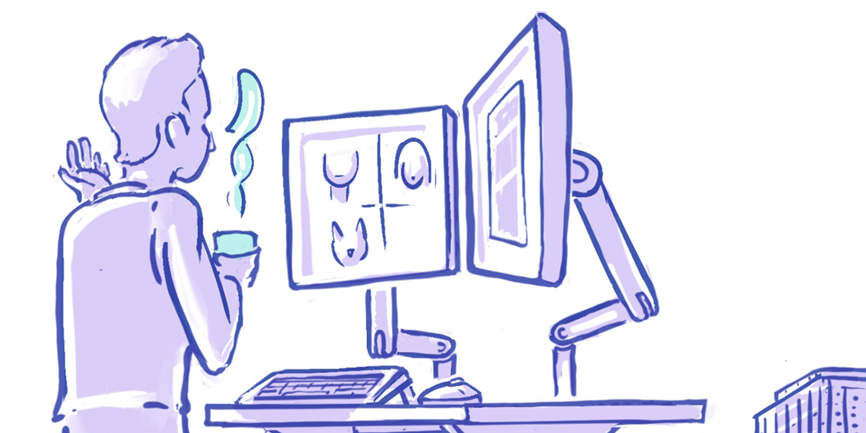 illustration of someone looking at a computer screen and holding a warm drink in their hands