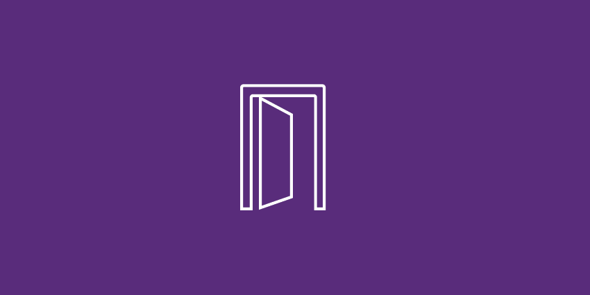 Purple background with the outline of an open door in the middle 