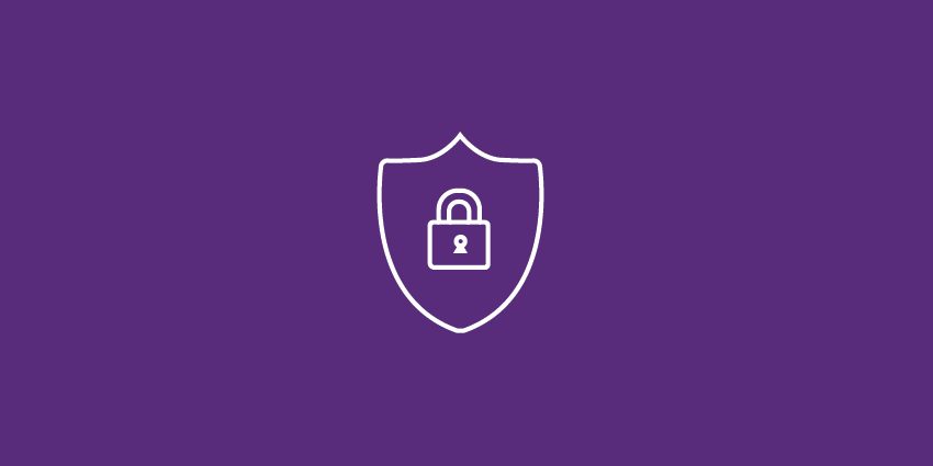 Purple background with a shield outline and the outline of a locked padlock inside the shield