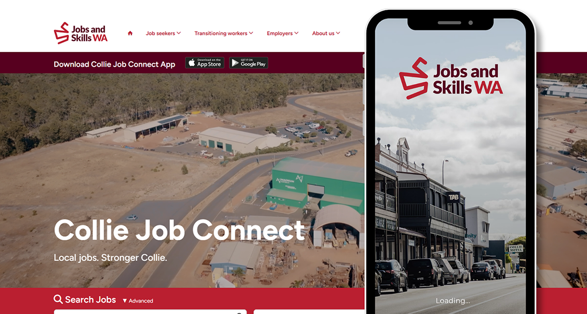 Webpage with the Jobs and Skills WA logo, promoting Collie Job Connect, with an aerial view of Collie and a phone mock-up showing the app loading screen.