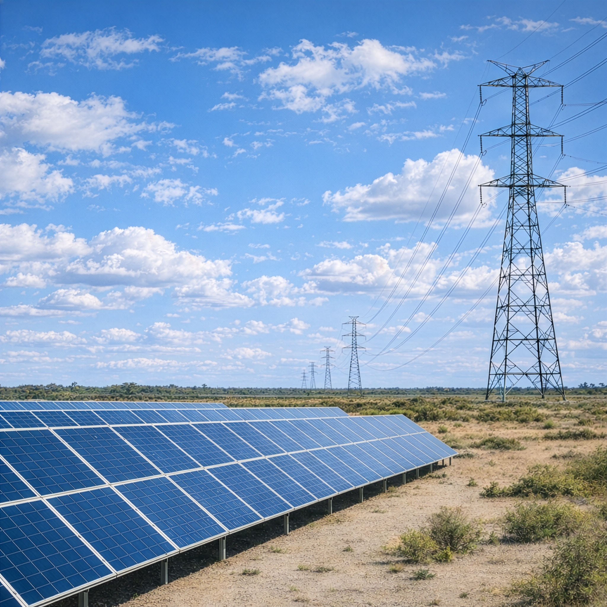 Solar panels and power lines in regional area