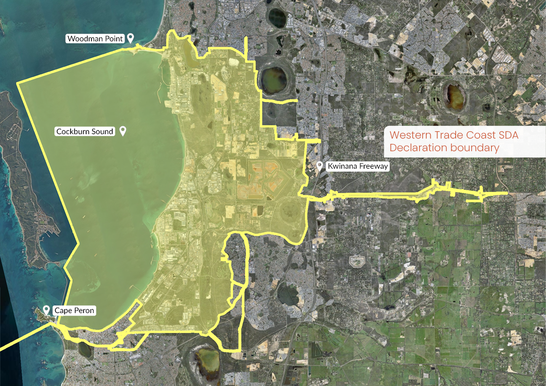 The map below shows the declared boundary of the Western Trade Coast State Development Area