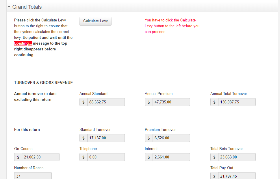 Screen showing Calculate Levy button
