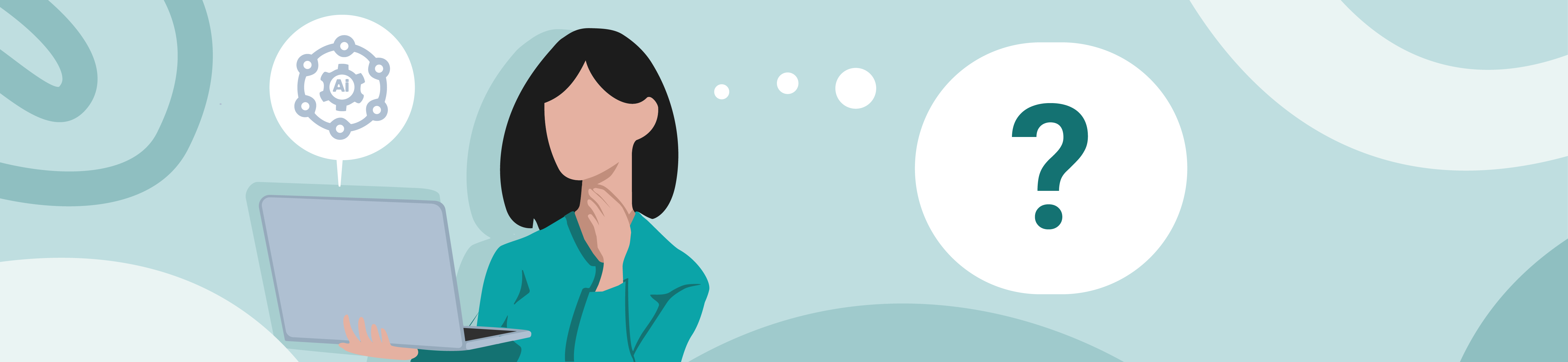 lady holding a laptop and a thought bubble with a question mark in it is coming from her head