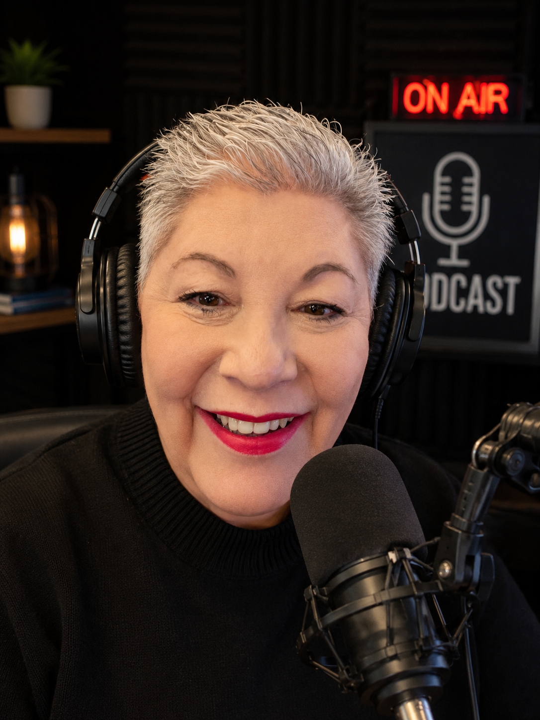 Aheadshot of a woman in front of a microphone with headphones on.