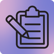 icon of a note on a clipboard with a pencil on the line. Behind it is a purple gradient