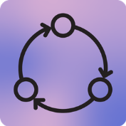 three little circles with arrows pointing to them are in the shape of a larger circle. Behind it is a purple gradient colouring.