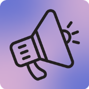 icon of a megaphone with lines coming out of it to show sound. Behind it is a purple gradient colour