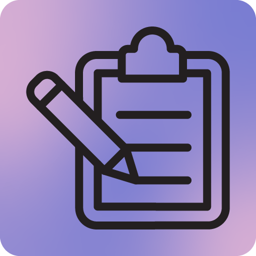 icon of a note on a clipboard with a pencil on the line. Behind it is a purple gradient