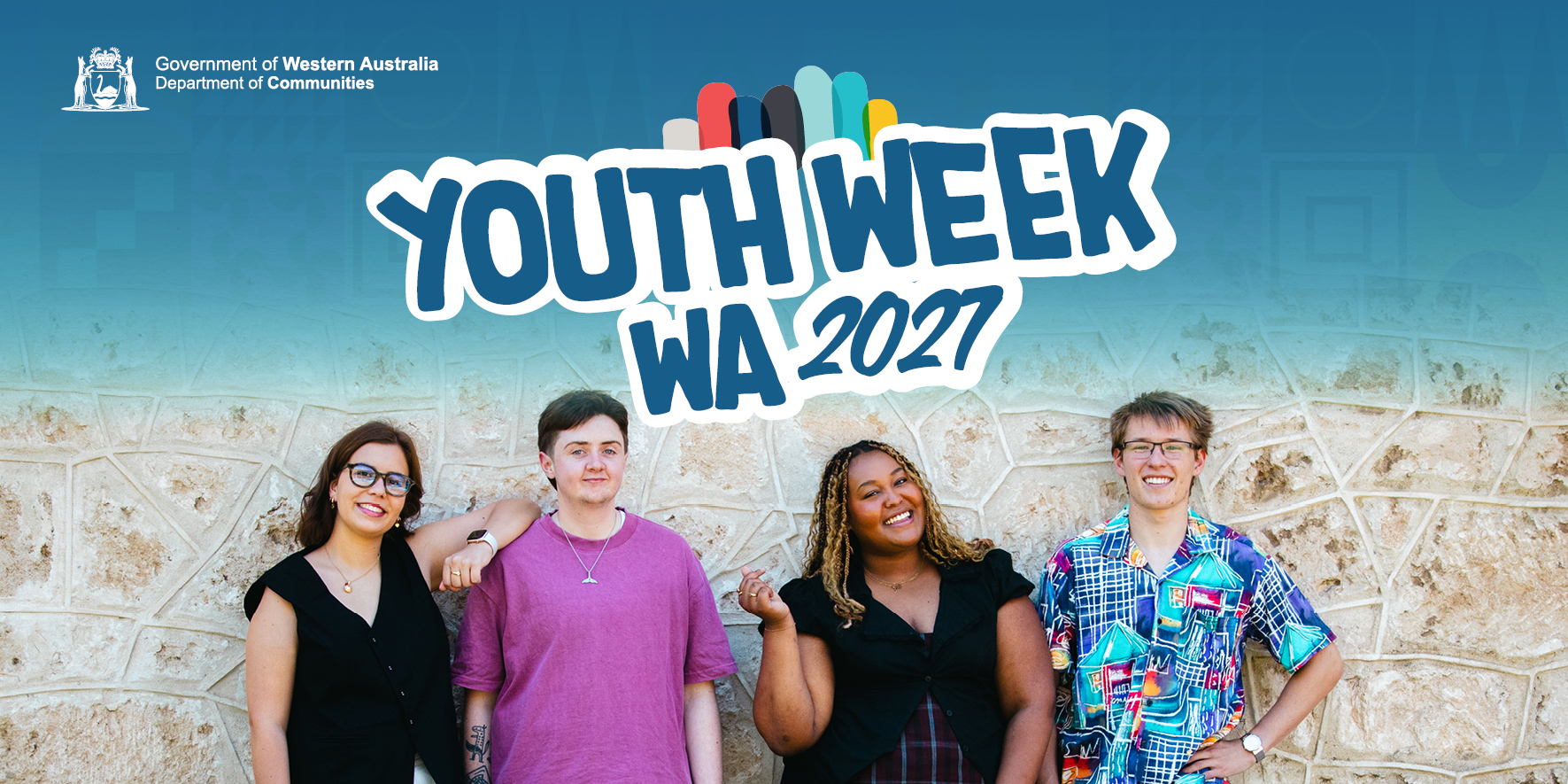 colourful graphic featuring four teenagers and the words "Youth Week WA 2027"