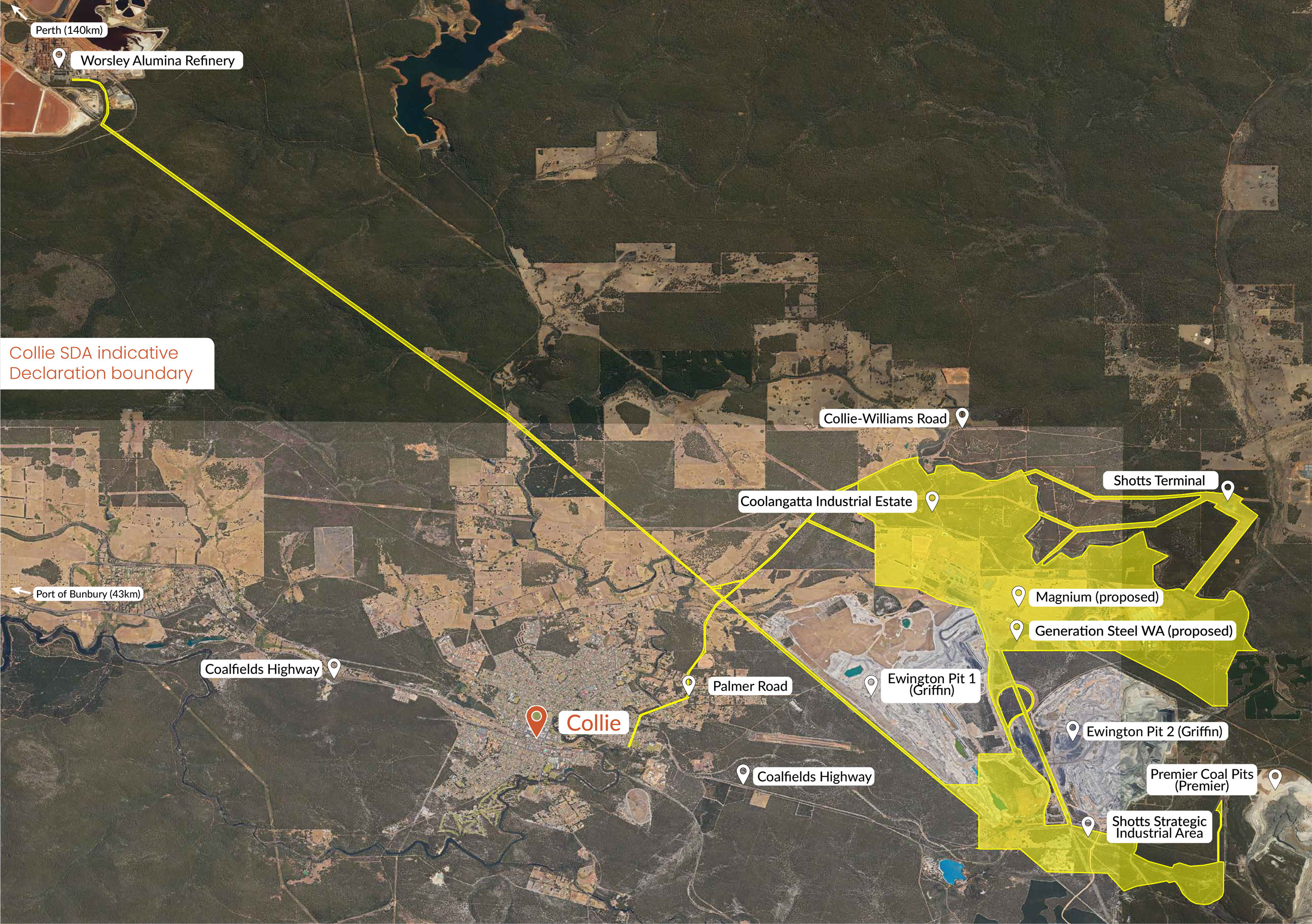 The map below shows the indicative boundary of the Collie State Development Area