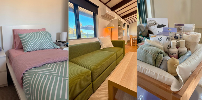 Three-panel image showing a furnished room with a neatly made bed, a green sofa and coffee table, and a welcome basket containing toiletries and folded linens.