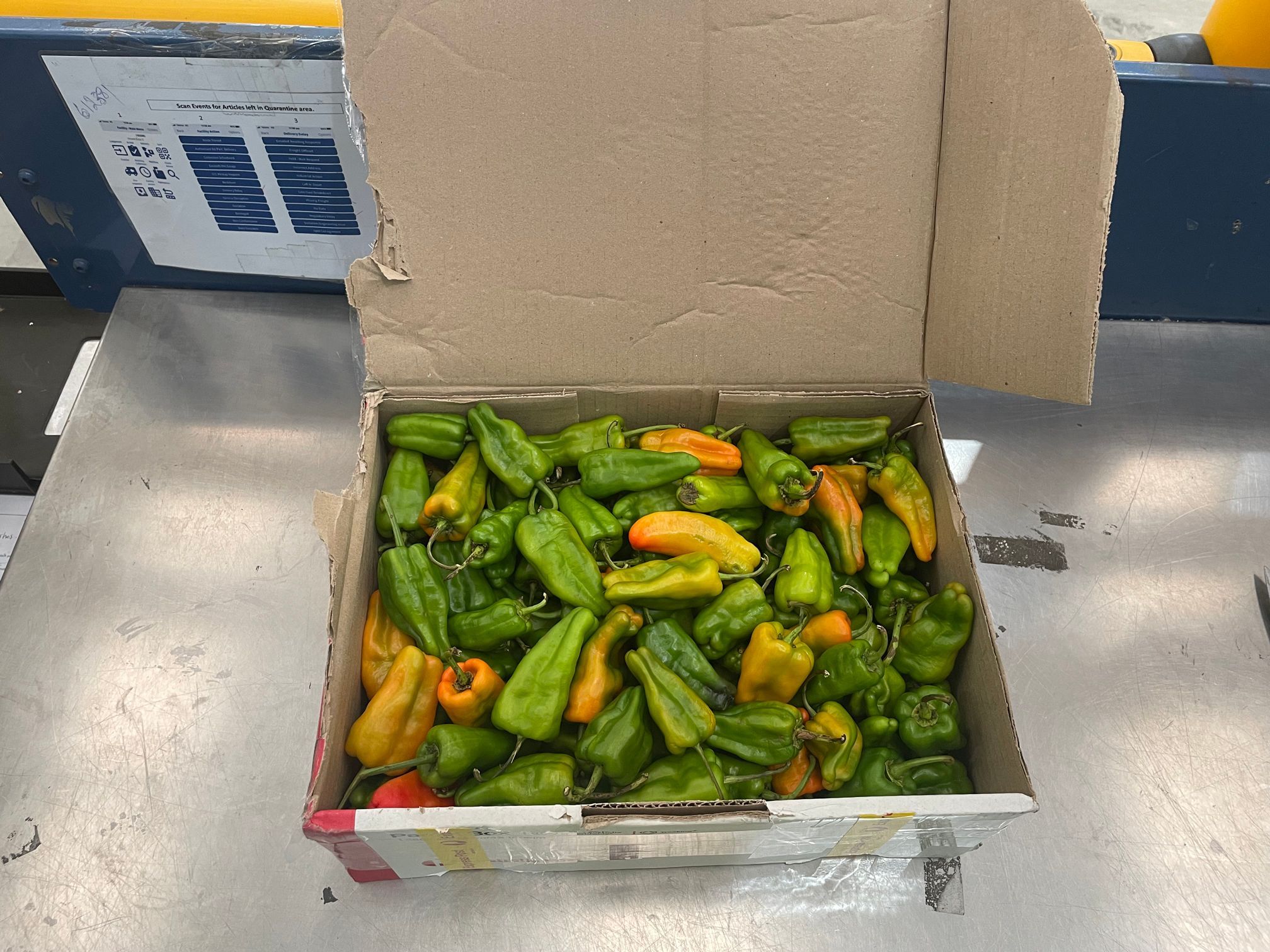 A box of green and yellow chillies. 