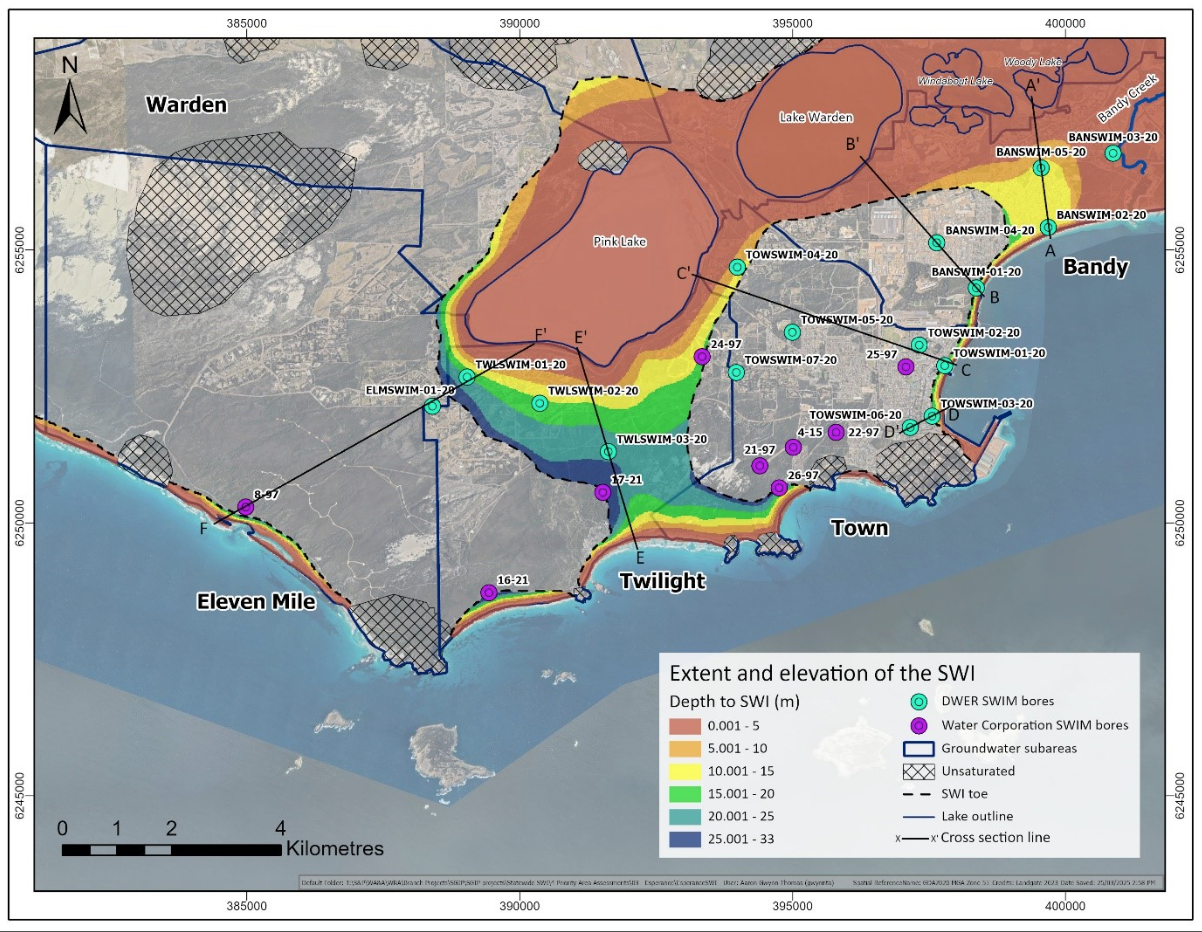 Figure 1: Depth and extent of the SWI in the Esperance groundwater area showing cross section locations 