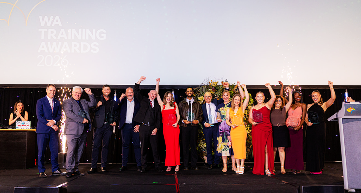 WA Training Awards 2026 winners celebrating on stage with awards.