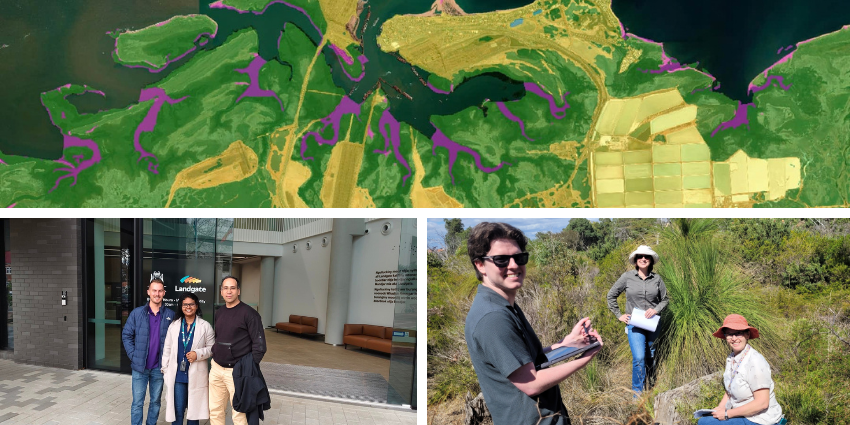 Aerial land-use map above photos of project collaborators and a team conducting fieldwork in bushland.