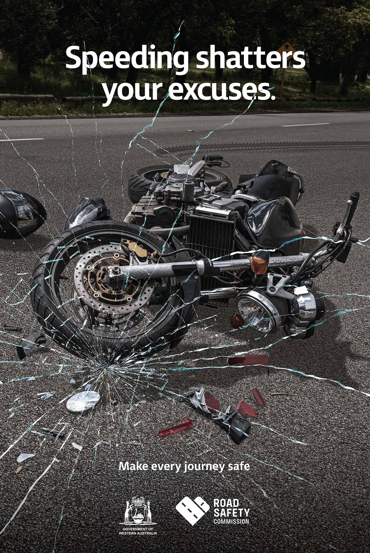 A motorbike crash, with the words 'Speeding shatters your excuses