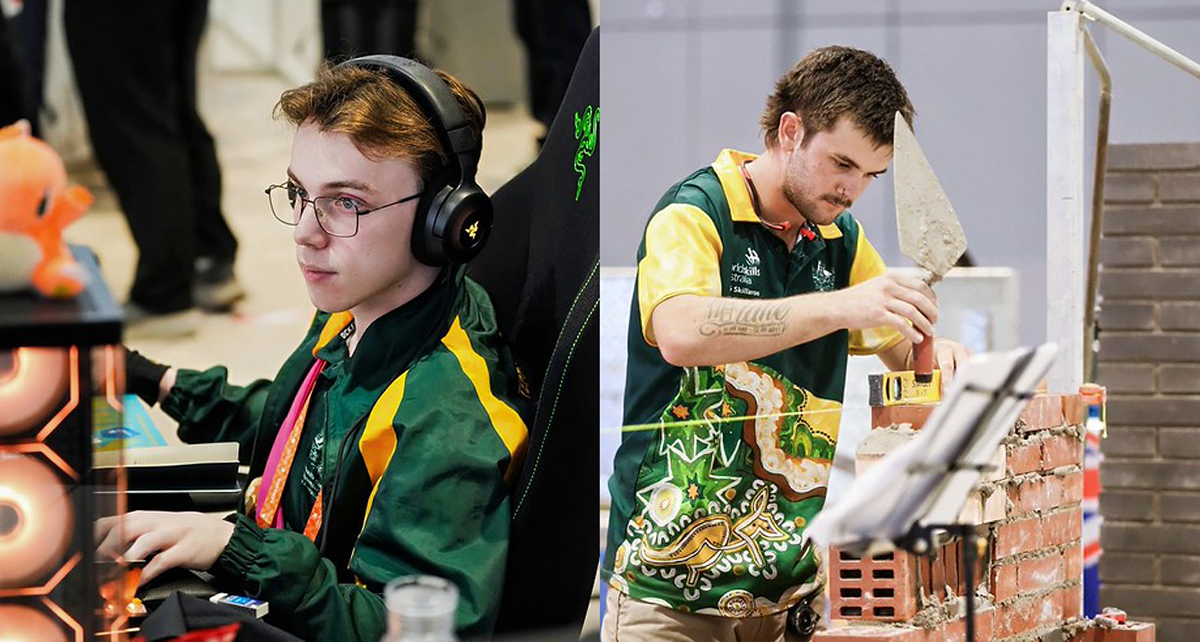 Split image showing a competitor participating in a computer-based digital skills competition on the left and a competitor laying bricks during a construction skills competition on the right.