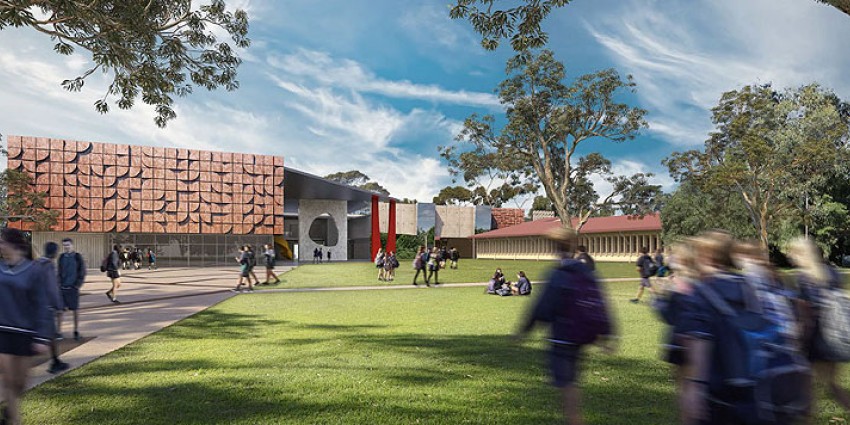 Artist impression of new school in Fremantle with buildings and school kids playing.