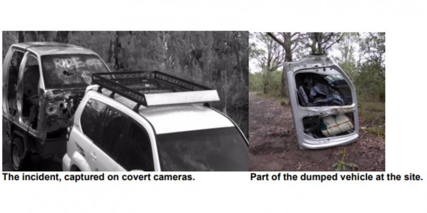 surveillance photos of car dumping as it happens and result