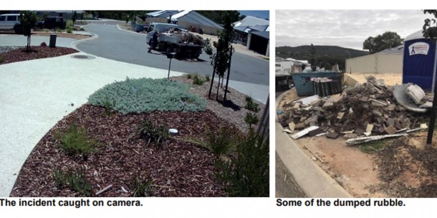 surveillance pictures of dumping incident happening, and the resultant pile of rubble