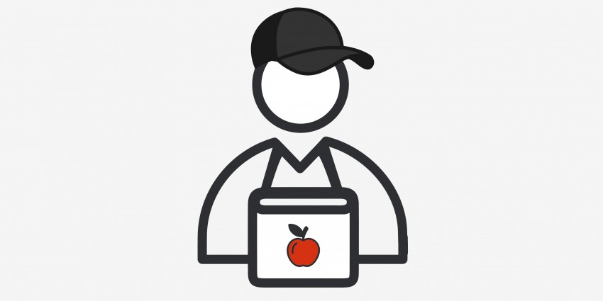A graphic icon depicting an employee holding an apple basket.