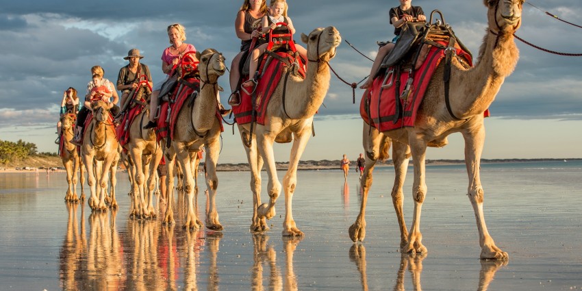 People riding camels along Cable Beach