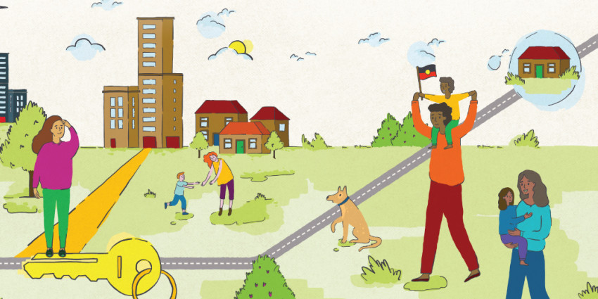 Illustration with a variety of family groups in front of an apartment complex and individual houses.