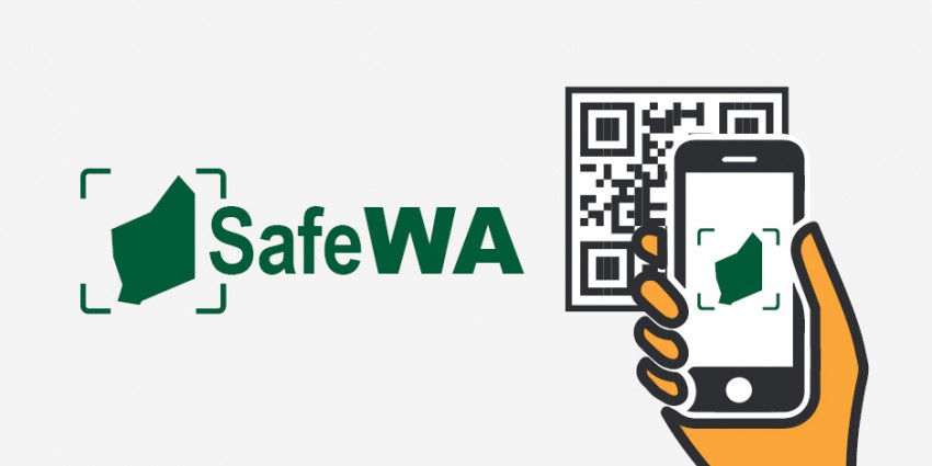SafeWA logo with mobile device and a QR code behind it