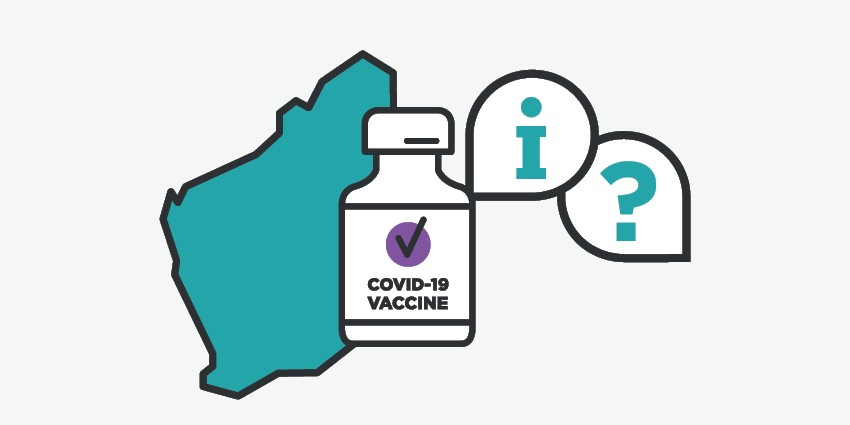 A graphic of a map of WA with a COVID-19 vaccine bottle in front of it with two speech bubbles to demonstrate a question and answer