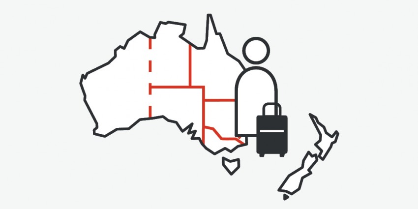 A graphic showing travel is available from New Zealand to Australia