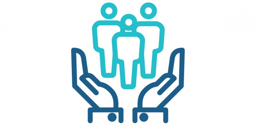Graphic design of two hands surrounding people icons, representing care.
