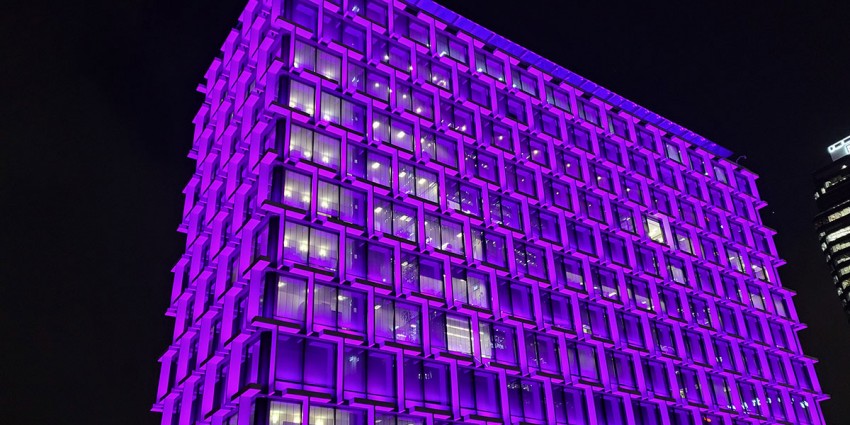 Council House, Perth, lit up in purple.