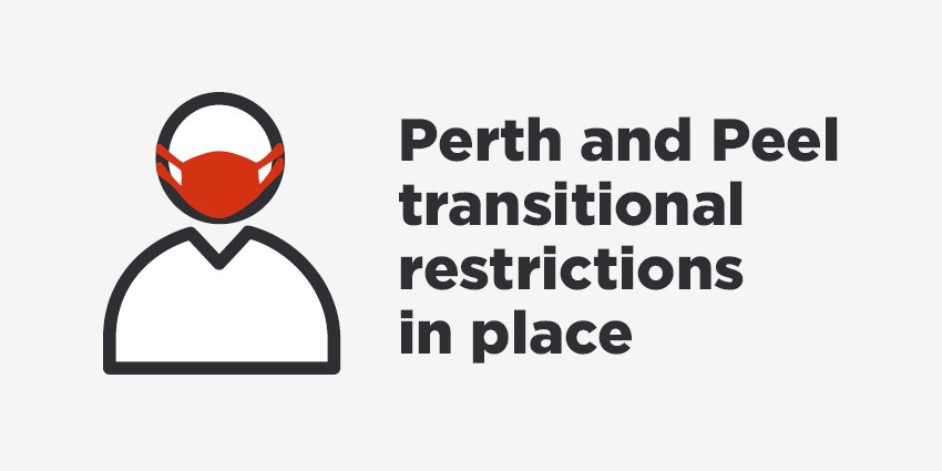 A graphic of a man in a mask with text alongside that says ‘Perth and Peel transitional restrictions in place’