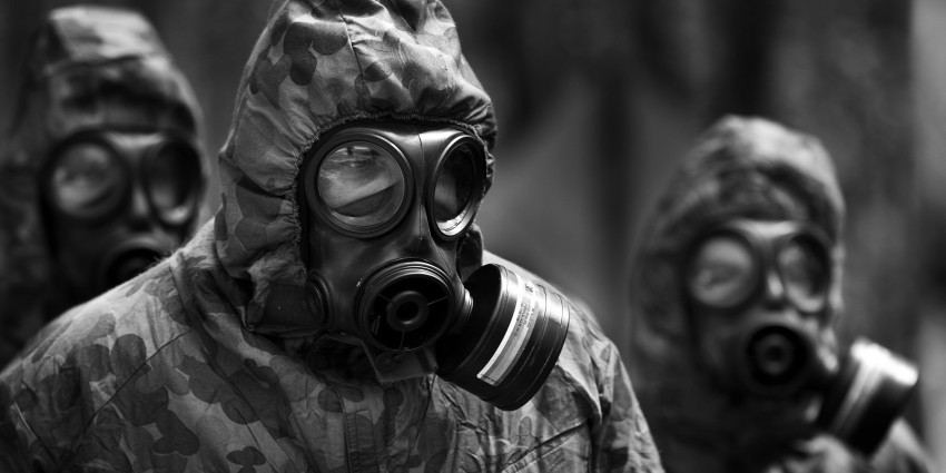 Australian Army soldiers wearing gas mask